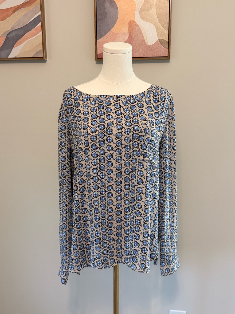 LOFT Blue and White Geometric Long Sleeve High Low BlouseTop